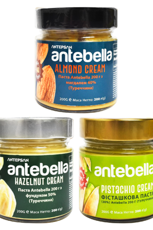 Набір: Паста Antebella 200 г з мигдалем 40% + Паста Antebella 200 г з фундуком 50% + Фісташкова паста 30% Antebella 200 г