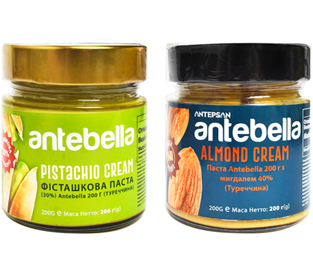 Набір: Фісташкова паста 30% Antebella 200 г + Паста Antebella 200 г з мигдалем 40%