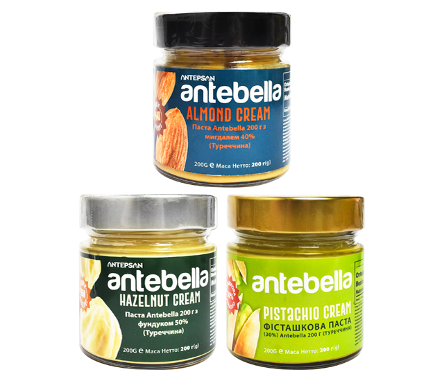 Набір: Паста Antebella 200 г з мигдалем 40% + Паста Antebella 200 г з фундуком 50% + Фісташкова паста 30% Antebella 200 г